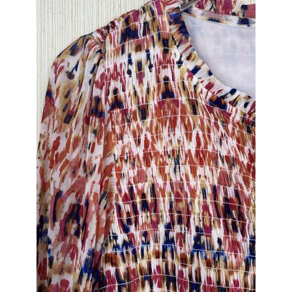 Rose + Olive Size XL Colorful Print Smocked Popover Top Boho Peasant Orange Red - Picture 2 of 12